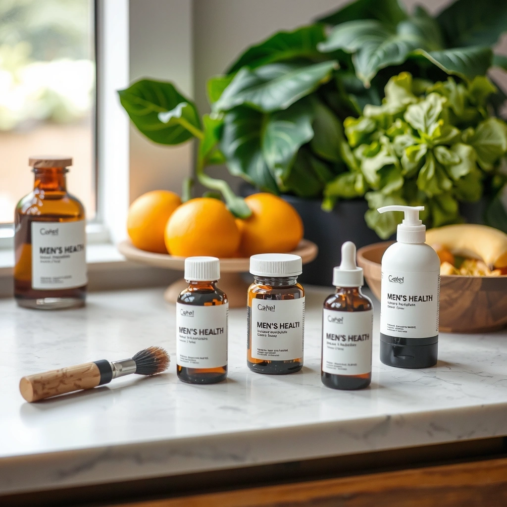 Healthy lifestyle products for men including vitamins and natural supplements